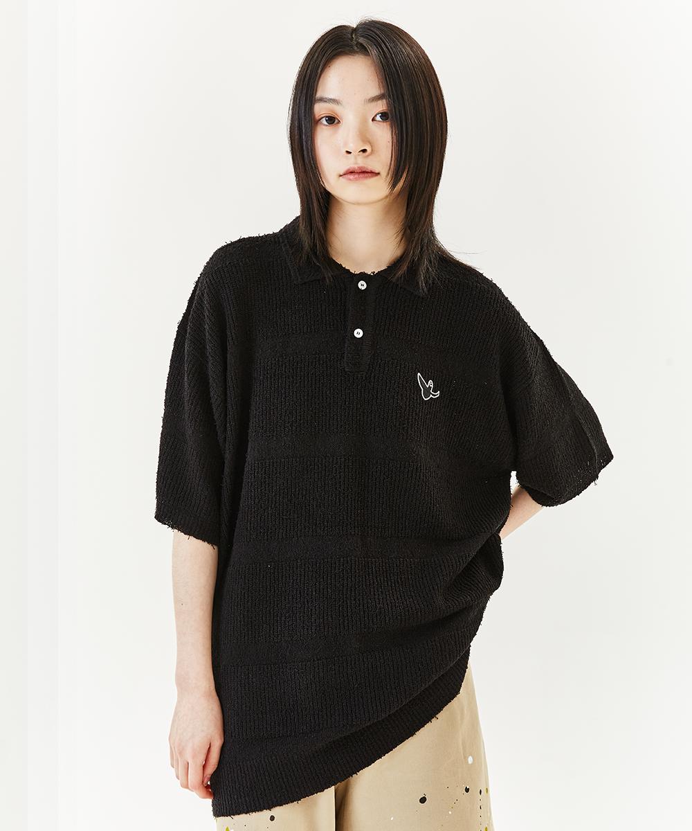 Mark Gonzales Stripe Knit S/S Polo - Black Black/095