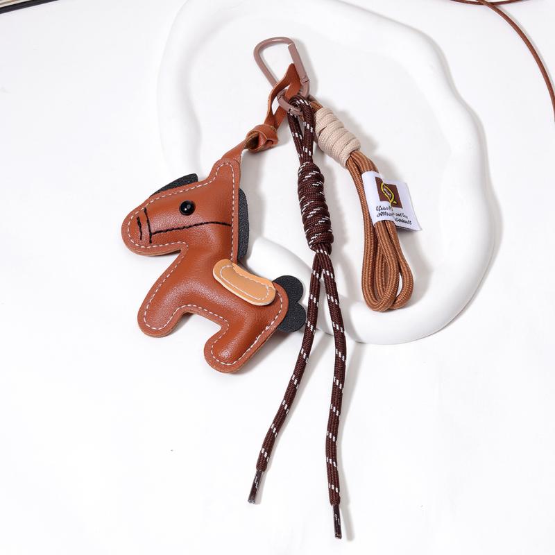 Leather Pony Keychain Braided Rope Bag Charm Backpack Pendant Key Ring Handmade Jewelry Accessories
