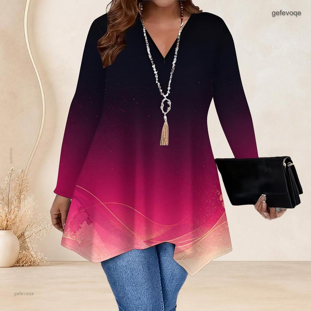 Women Plus Size V Neck Long Sleeve Colorful Printed Asymmetric Hem Flared Tunic Top