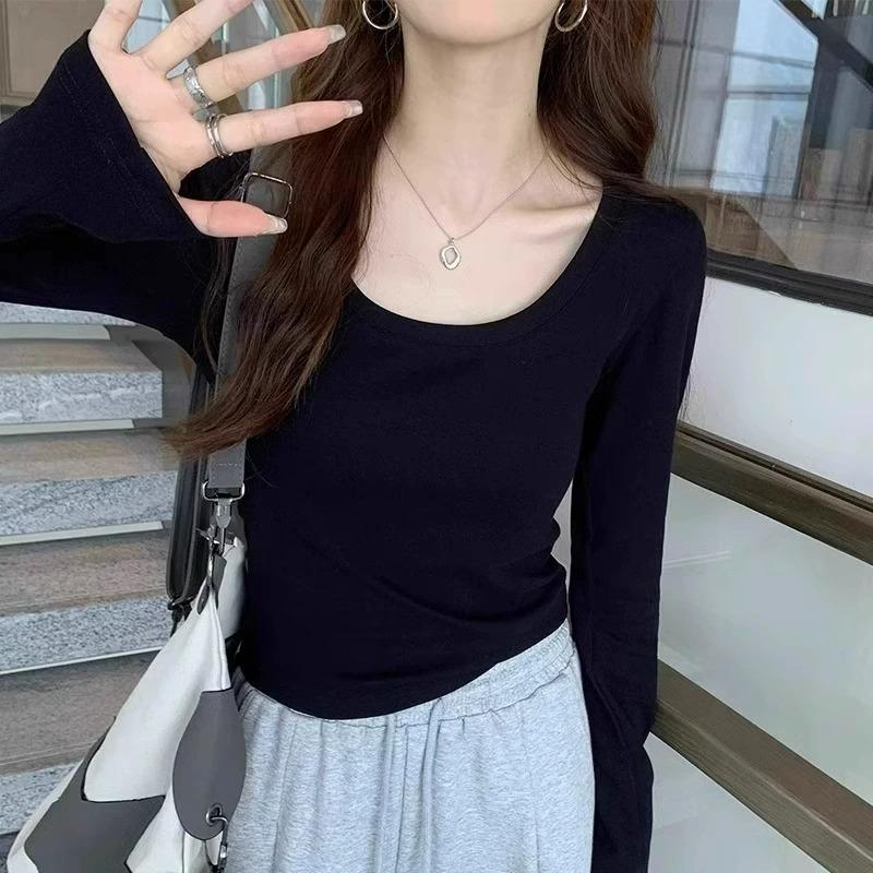 Small Short Sweet and Spicy Style U-neck Slim and Thin Long-sleeved T-shirt Women's Autumn Solid Color Versatile Bottoming Top
