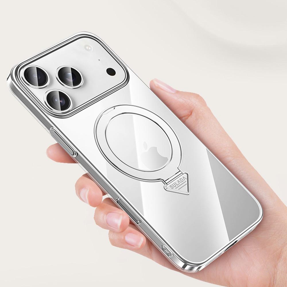 SULADA For iPhone 17 Pro Case Compatible with MagSafe Electroplated Foldable Kickstand Clear PC Phone Cover