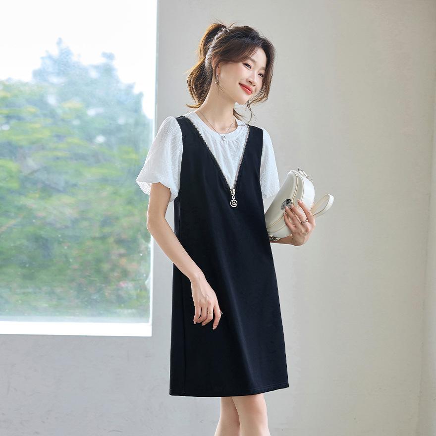 

Летнее новое маленькое платье в стиле кэжуал свободного кроя с эффектом двухслойности, скрывающее небольшой животик, женское, стройнящее 4XL чёрный