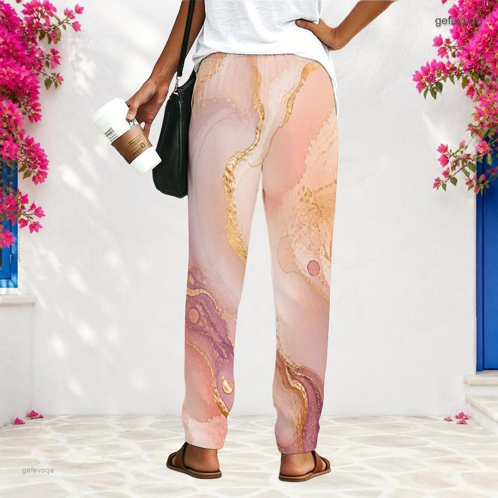 Women Plus Size Loose Straight Leg Long Pants Blue Gold Marble Printed With Pockets