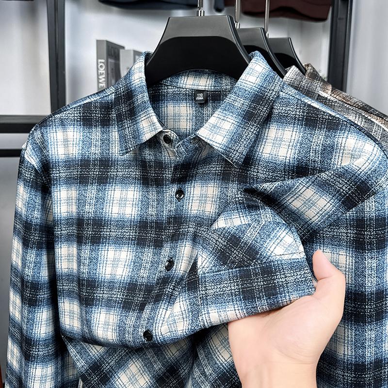 

Мужская шерстяная клетчатая рубашка с длинным рукавом Осенняя новинка Минималистичная Дышащая Классическая Повседневная Мужская одежда M синий