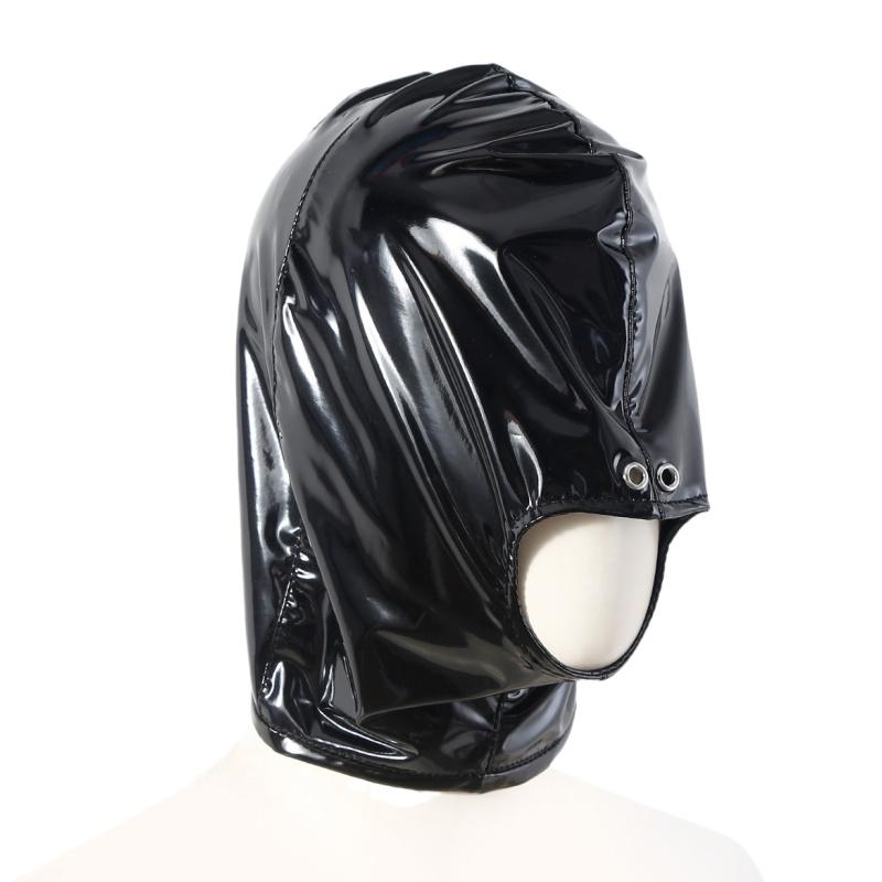Elastic Bright Leather Hood Sex Toys with Open Mouth Party Mask for Couple Cosplay Slave Adult Game BDSM Bondage Set