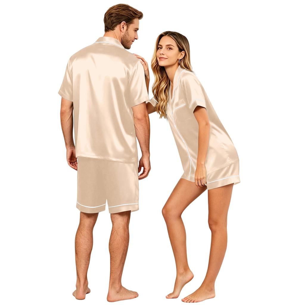 Couples Satin Pajama Set Short Sleeve Button Down Shirt and Shorts Sleepwear Soft Lightweight Loungewear S-XXXXL