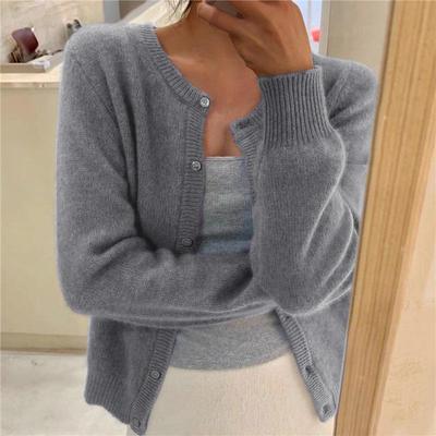European & American Style Solid Color Knitted Cardigan: Single-Breasted, Long-Sleeved, Round Neck Casual Sweater for Women