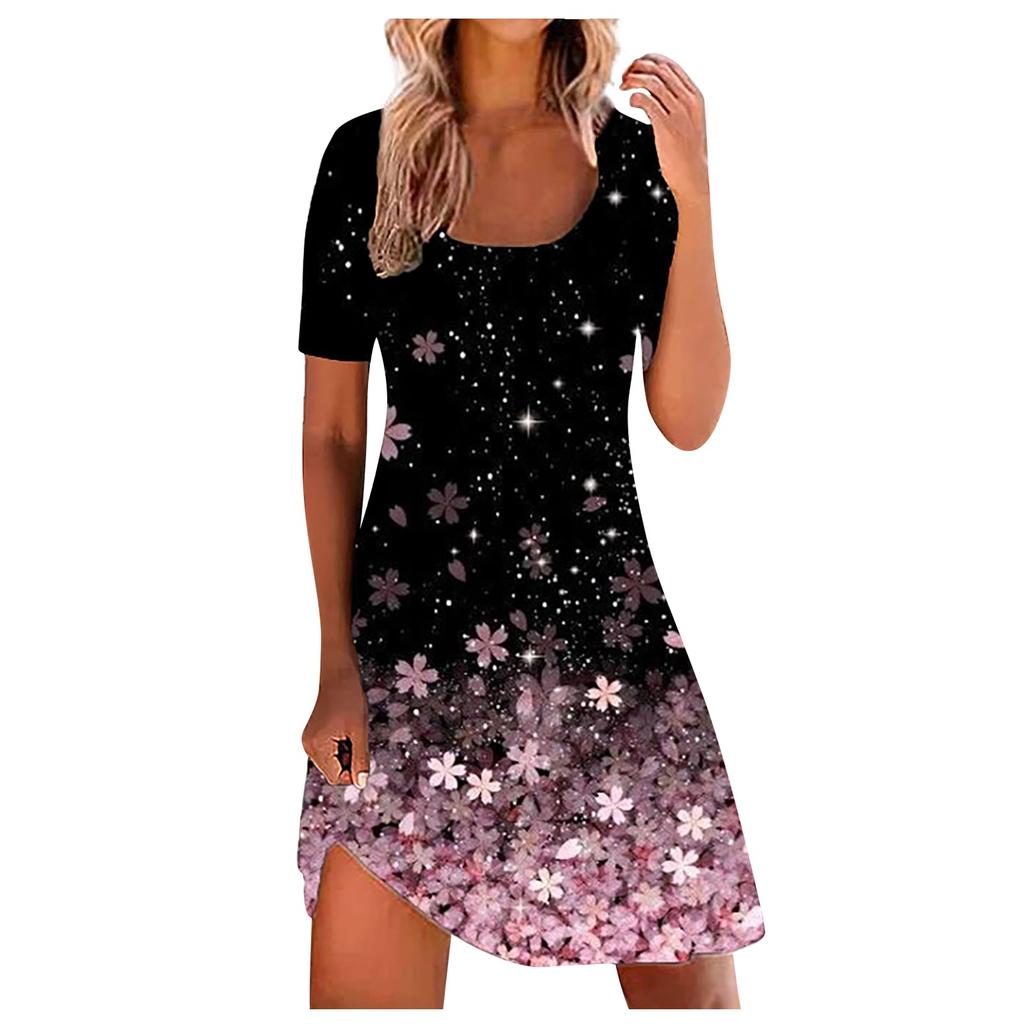 Ladies Sexy Fashion Positioning Print Square Neck Patchwork Short Sleeve Dress