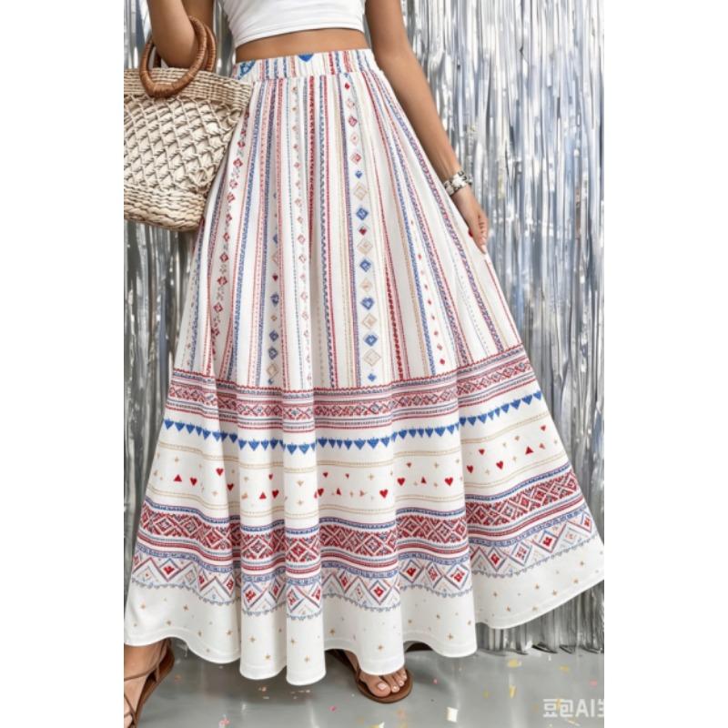 Gonna Lunga da Donna con Stampa Floreale Ditsy Rossa e Bianca, Stagione Unica, Vita Elastica Boho, Mezza Gonna Svasata