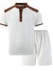Men's Large Plaid Stand Collar Short Sleeve Color Block T-shirt and Shorts Set