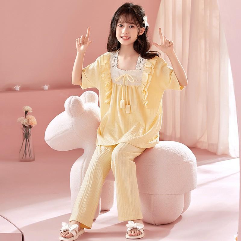 Girls Cotton Pajama Set Short Sleeve Princess Style Sleepwear Kids 8 Years Lightweight Home Wear