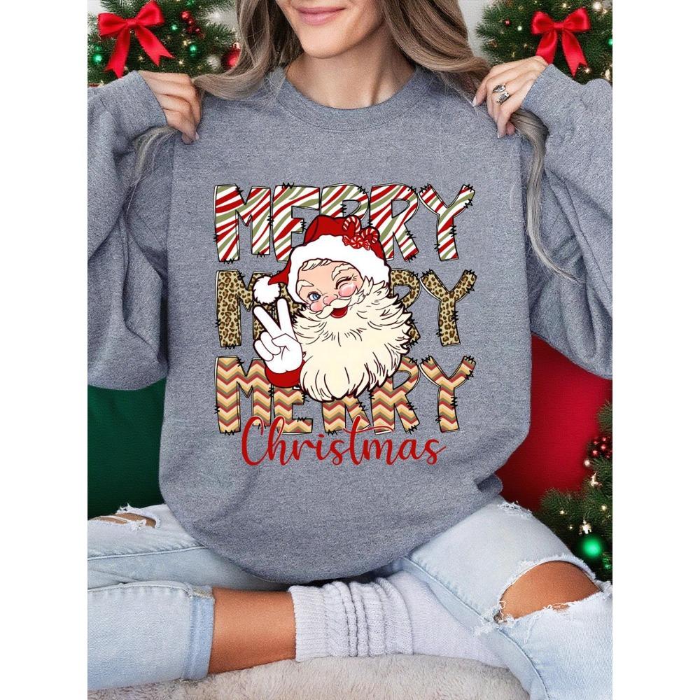 Merry Christmas Santa Claus Design Women Sweatshirt Casual Crewneck Streetwear Multicolor Fashion Clothing Soft Clothes