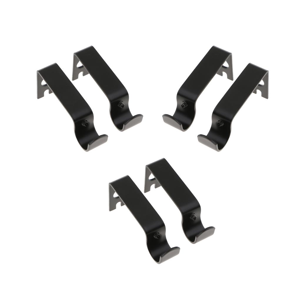 Set of 6Pcs Adjustable Metal Curtain Pole Rod Wall Bracket Hook Holder Black