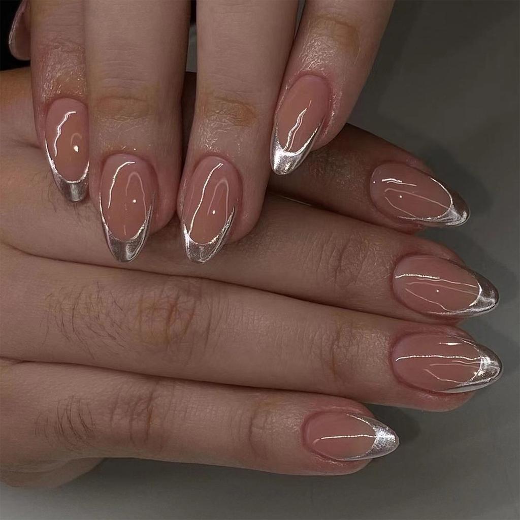 Silver French Tip Press On Nail Short Almond Full Cover False Nail Simple Stick On Nail Simple Artificial Nail