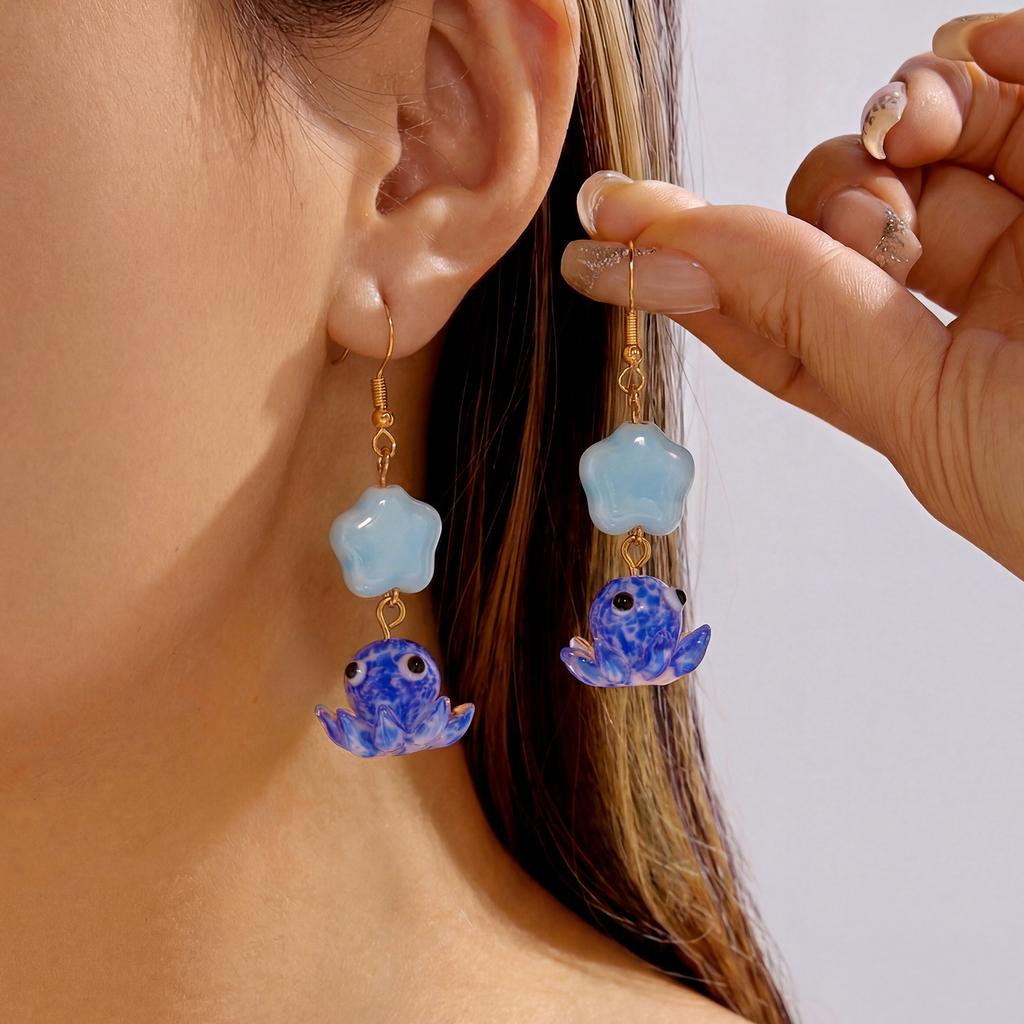 Fun Glazed Octopus Flower Fringed Earrings, Female Niche Design Glazed Earrings, Personalized Versatile Earrings