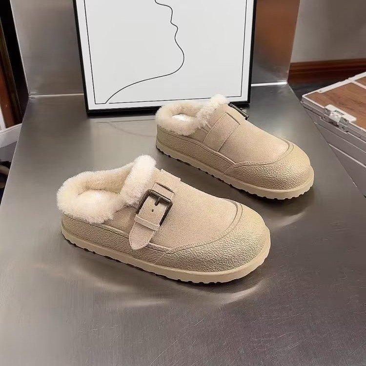 Baotou drag fleece women's shoes 2025 winter new soft-soled cork non-slip thick-soled fluffy slippers women's round head