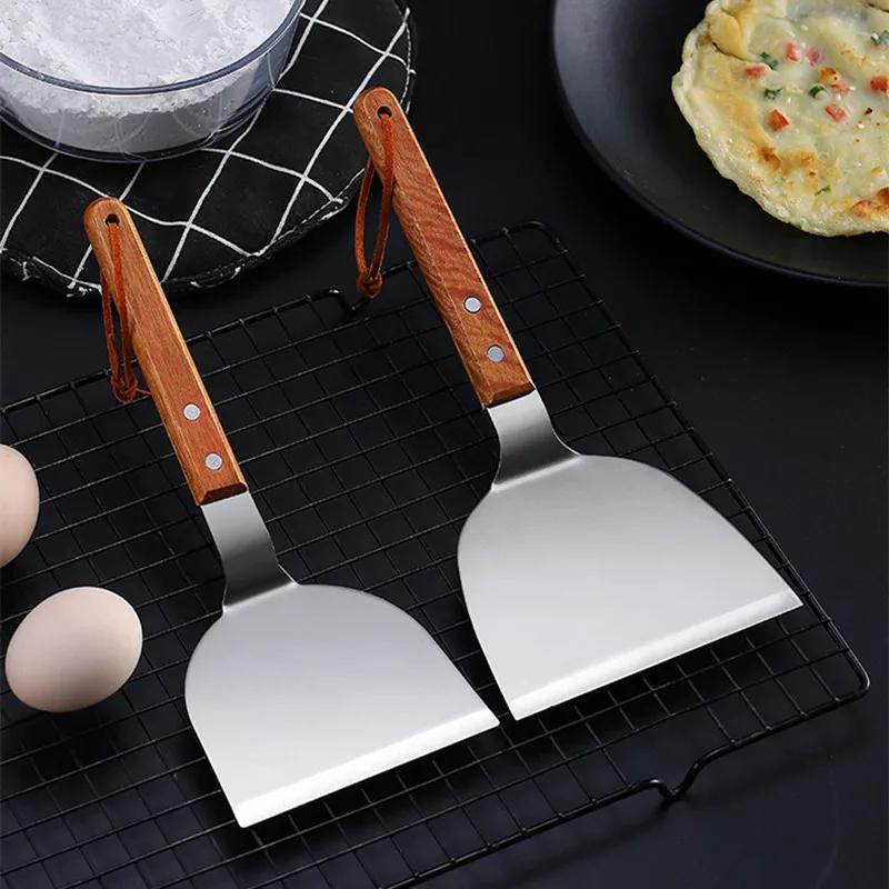 Stainless Steel Wooden Handle Teppanyaki Shovel Non-Slip Frying Fish Pancake Turners Kitchen Cooking Utensils