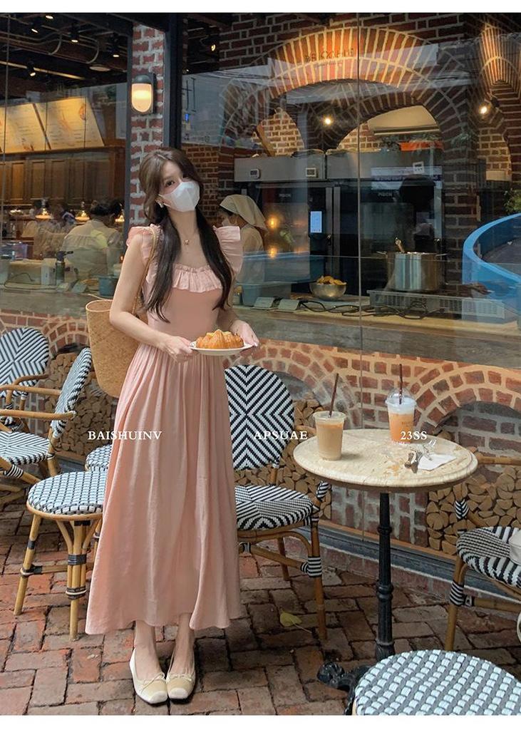 Women's Sweet Pink Ruffle Sleeve Square Neck Cinched Waist Long Dress - Summer 2026