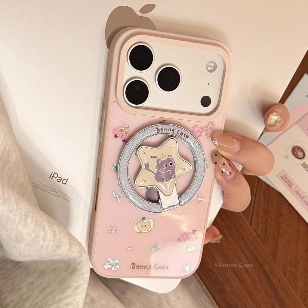 Apple 17 Pro Max Cat Cake Phone Case, Pink/Gold Magnetic Stand for iPhone 13/16/15.