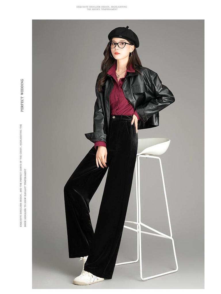 Women's Gold Velvet High-Waisted Wide-Leg Pants - Spring 2026 Slimming, Straight-Leg, Solid Color, Long and Versatile.