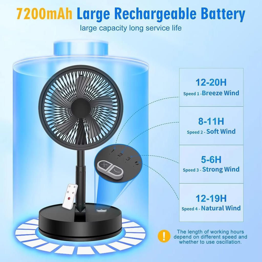 7200mAh Folding Portable Fan USB Remote Control Air Cooler Silent Rechargeable Wireless Floor Standing Fan for Camping Desk