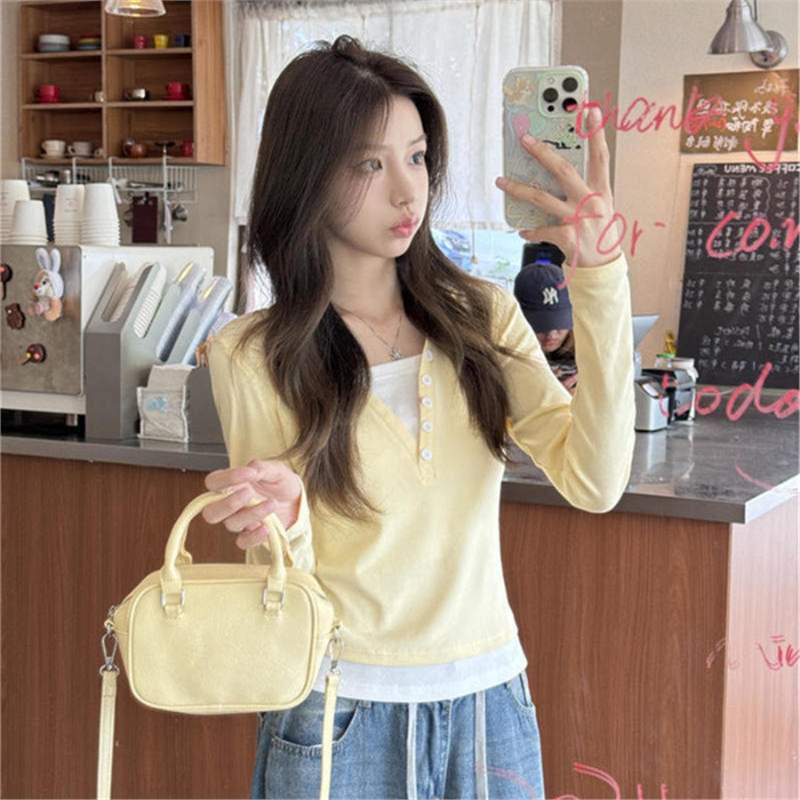 

Women s Slim Fit Chic Light Yellow Faux Two-Piece Long-Sleeved T-Shirt for Early Autumn Medium жёлтый