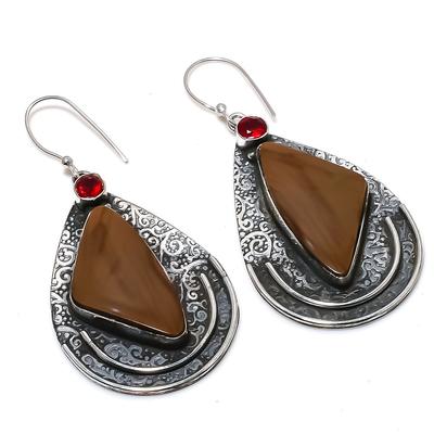 Natural Mookaite, Garnet Gemstone 925 Sterling Silver Earring 2.64" u4F57