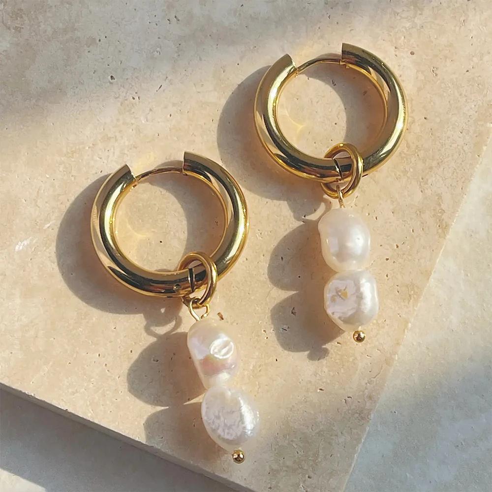 EManco Natural Hoop Earrings Stainless Steel Metallic Double Pearls Engagement Fashion Accessories Gifts