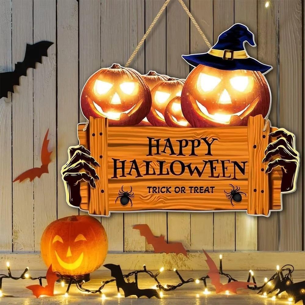 2D Halloween Wooden Sign Spooky Ghost Pumpkin with Rope Halloween Wood Ornament DIY Halloween Welcome Sign Garden Hanging Decor
