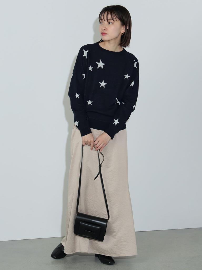 Beams Heart Star Print Crew Neck One Size Women's L/S Knit, Navy,
