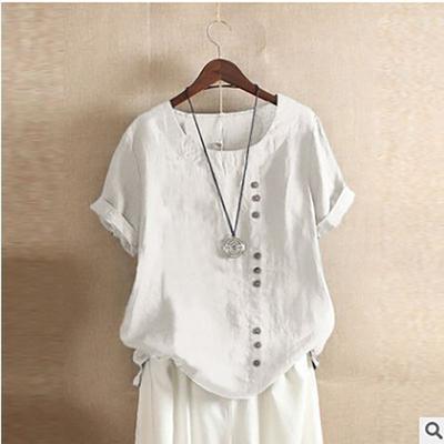 Vintage Solid Color Top Women Loose Casual Tops Button Linen Daily Boho Tunic T-shirt Short Sleeve Blouse Plus Size