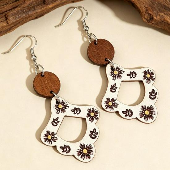 Retro Geometric Floral Wooden Earrings