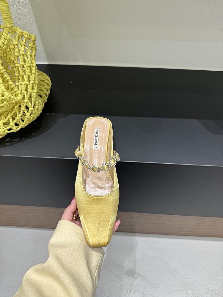 Women Crystal Mules Flats Slippers Designer Sandals 2025 New Dress Square-toe Leather Slides Summer Slingback Buckle De Mujer