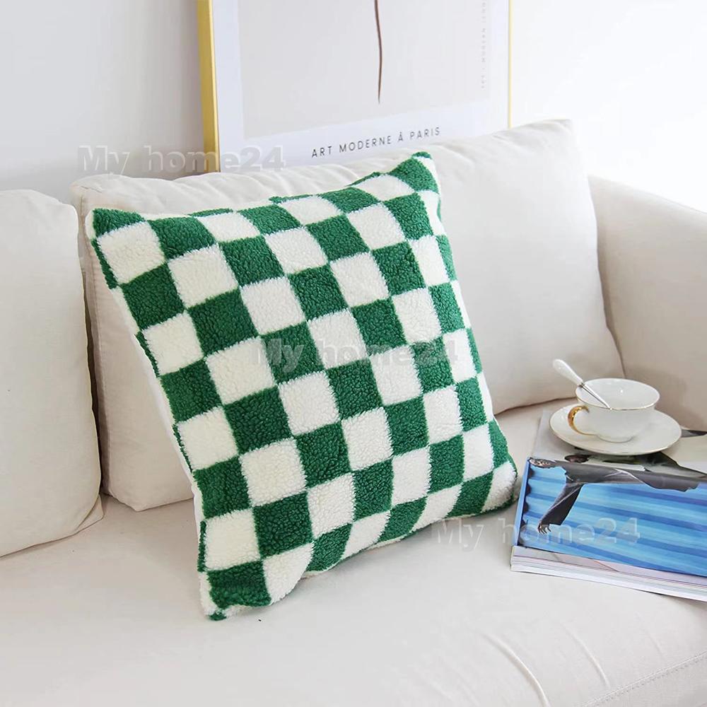 1 pièce 45*45cm 50*50cm Housse de Coussin Peluche à Carreaux Tissée Housse de Coussin Jeté pour Voiture Canapé Housse de Coussin en Velours Court Coussin