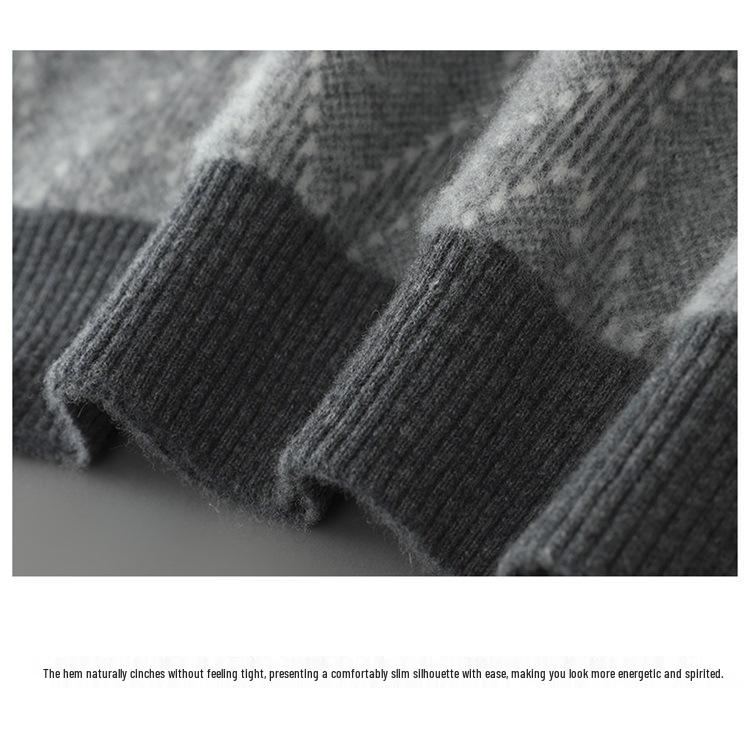 Men's Pure Wool Diamond Pattern Round Neck Loose Knit Sweater - Autumn/Winter Pullover