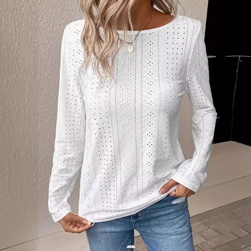 Women s Long Sleeve Round Neck Mesh Jacquard Casual White T-Shirt Clothes Sale S белый