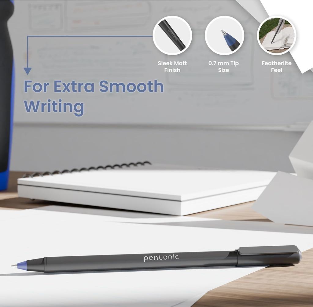Pentonic 0.7mm Ball Point Pen Pack of 1 X 10pcs | Blue Ink, Black Body | Smooth Writing for Office, Home & School