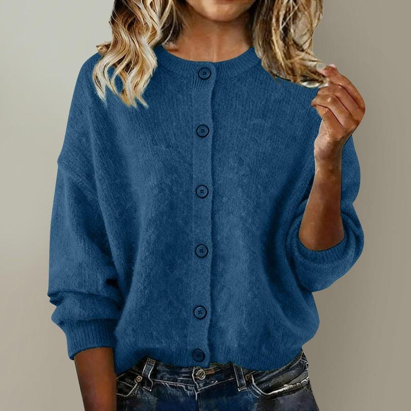 Autumn and Winter Women's Knitted Round Neck Long Sleeved Solid Color Casual Fashion Knitted Cardigan