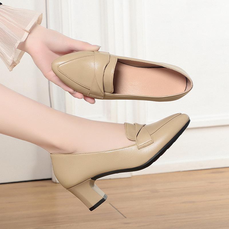 5.5cm 7cm Elegant Office Ladies Soft Leather Shoes Shallow Mouth Heeled Shoes Spring 2025 Trend Med Block Heels Shoes for Work