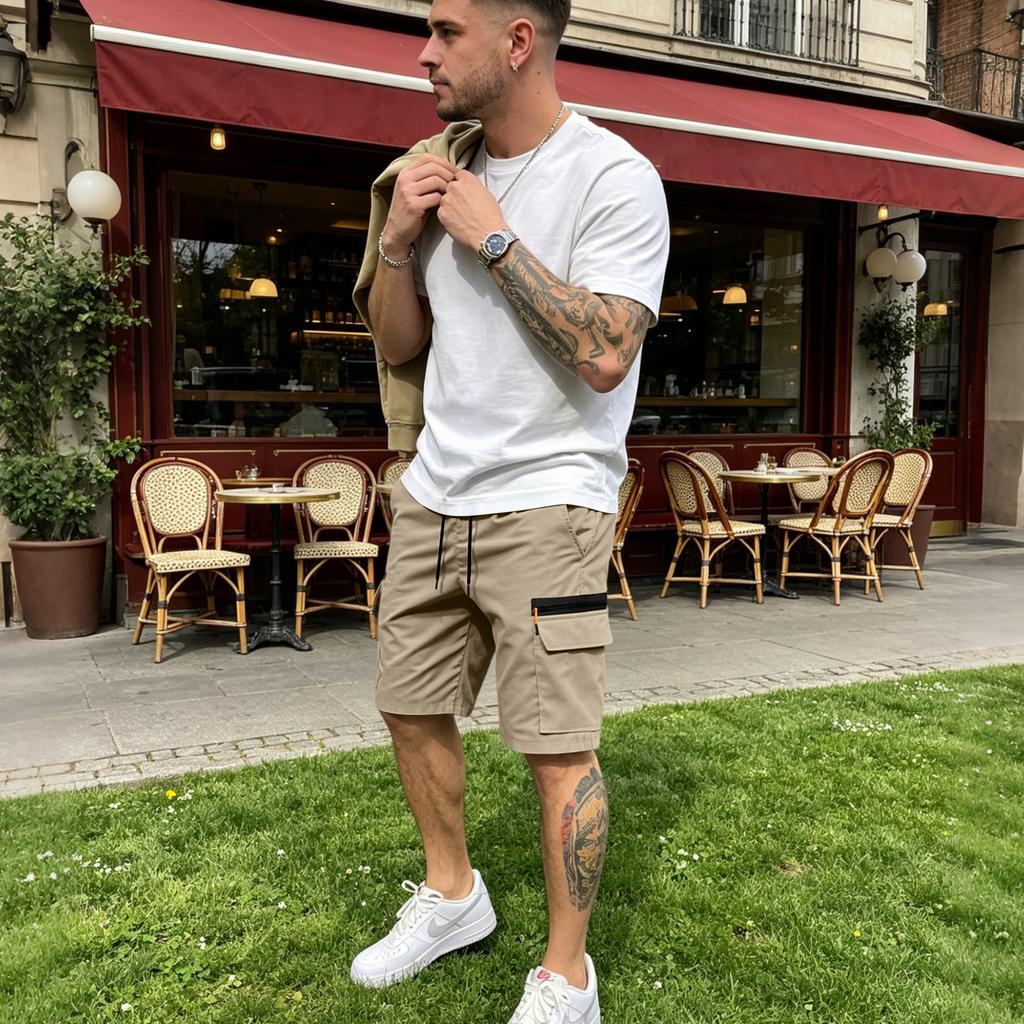 Mens Casual Loose Fit Multi Pocket Cargo Shorts with Elastic Waistband and Drawstring for Outdoor Activities