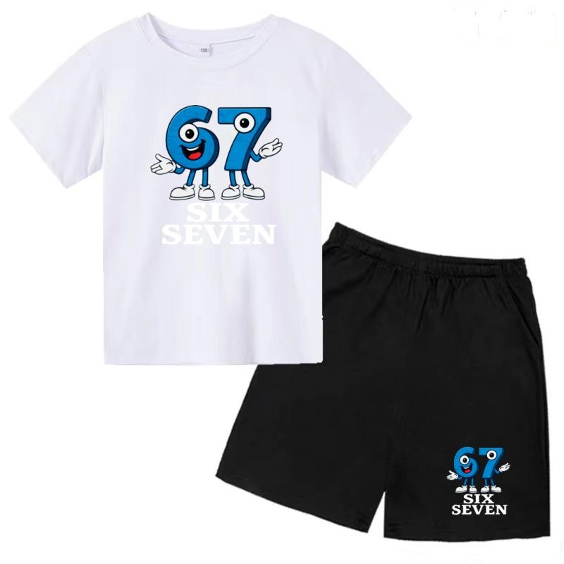 Children Summer Six Seven 67 Cartoon Print Casual Set Clothes T-shirt+Shorts 2P Charming Boy Girl Toddler 3-12 Yrs Short-sleeved