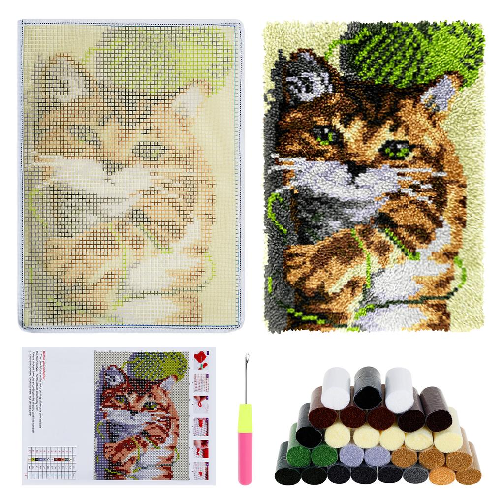 Cute Cat Style Latch Hook Rug Kit Beginners Starter DIY Pre Printed Bright Color Latch Carpet Making Tool Kit with Instructions