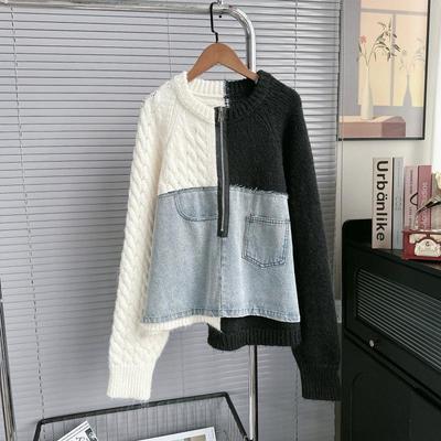 DIMANAF 2025 Autumn Jacket Women Sweaters Coat Patchwork Wadded Coat Knitting Pockets Sweater