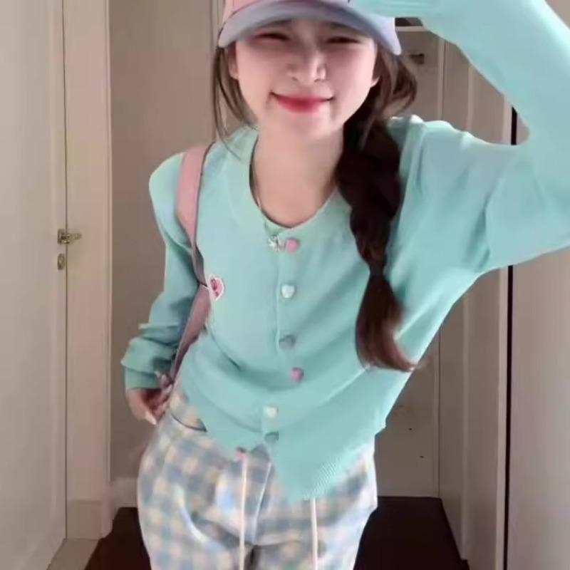 Soft Girl, Light Blue Long-sleeved Knitted Cardigan Women's Dopamine Top Women's Early Autumn Thin Sweater Jacket