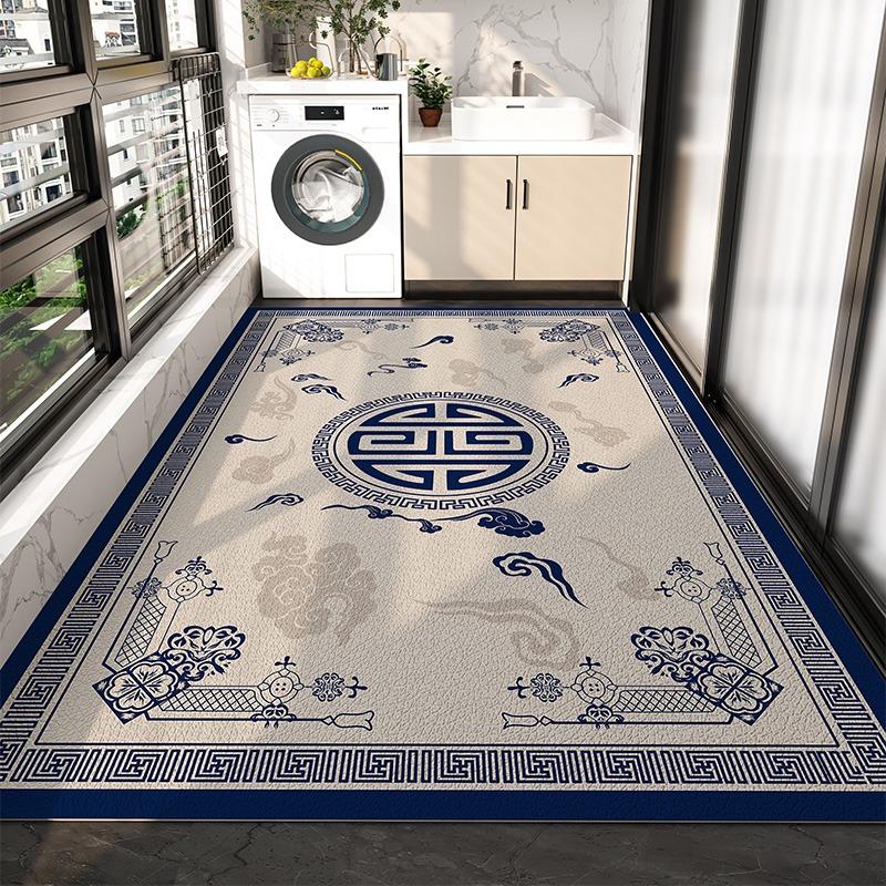 Balcony Waterproof Floor Mat Large Gray Carpet Pvc Leather Non-slip Rug New Chinese Style Retro Home Decoration Rugs for Kitchen