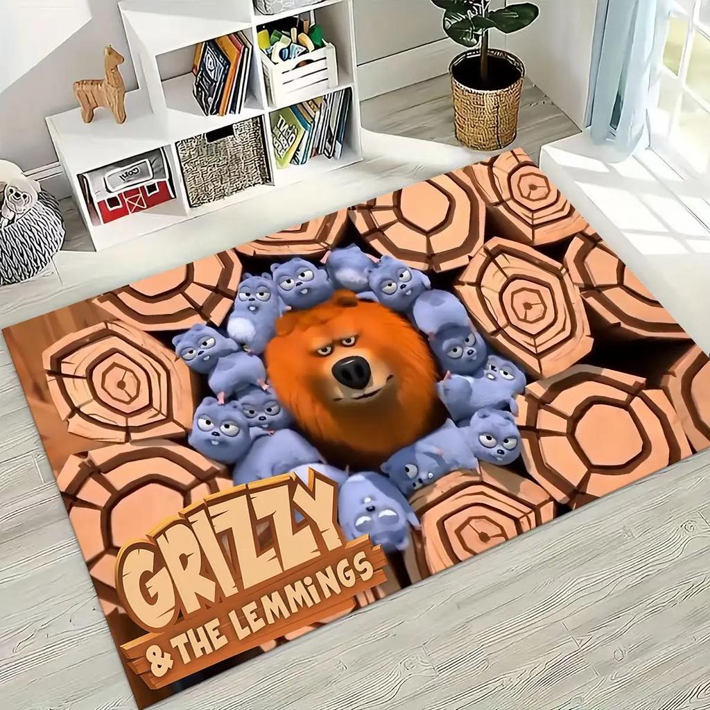 Covor amuzant Grizzy și Lemingii Desen Animat pentru Dormitor Sufragerie Canapea Preș de Intrare Decor, Covor Mare Non-alunecos pentru Joacă Copii