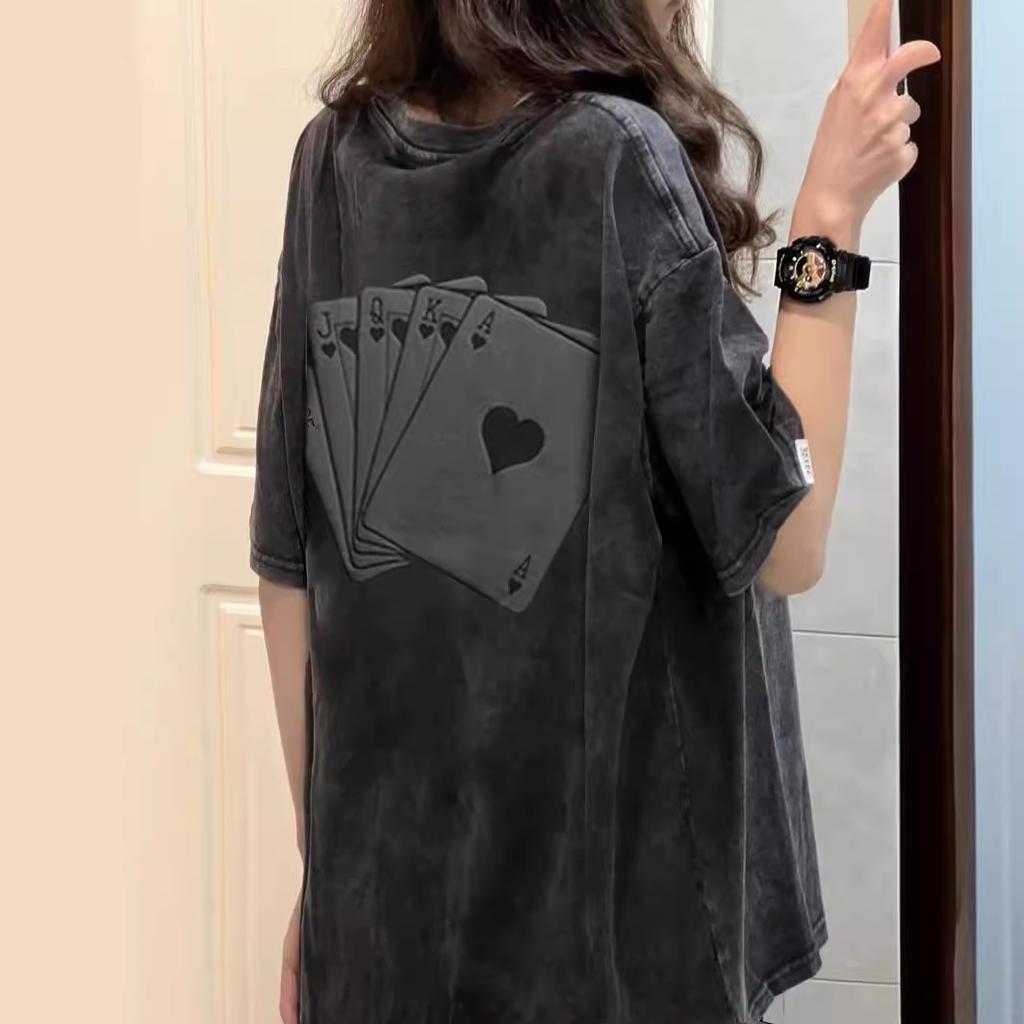 Retro Poker Ace Print Washed Black Tshirt Men Women Casual Oversized Tee Streetwear Gothic Short Sleeve Tops