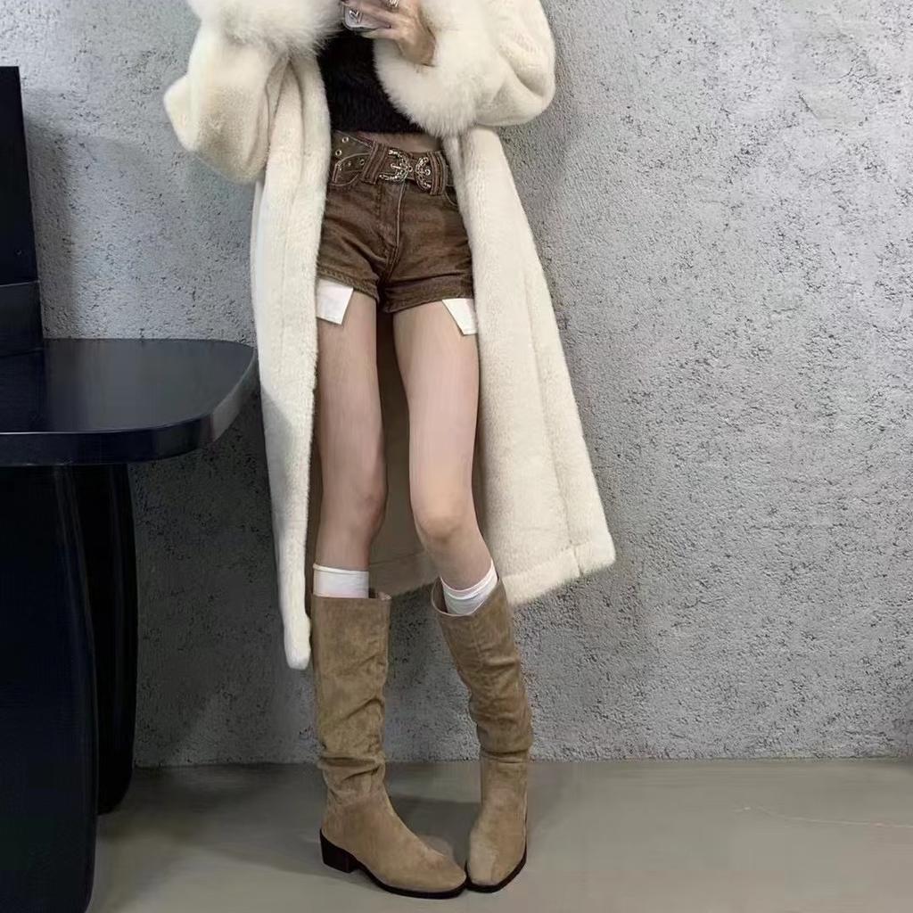 Pile Boots Female Knight Boots Vintage Suede Thick Heel Square Head Winter Khaki Pleated Tall Boots