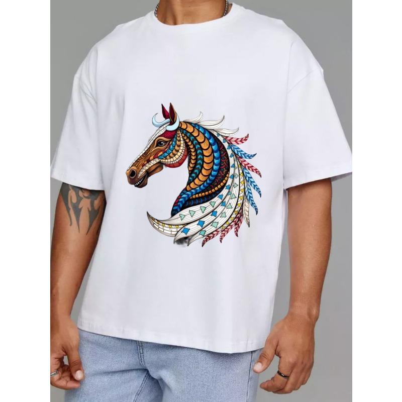 Herren Weißes T-Shirt mit Buntem Pferdekopf Stammesmuster Design für Freizeitkleidung