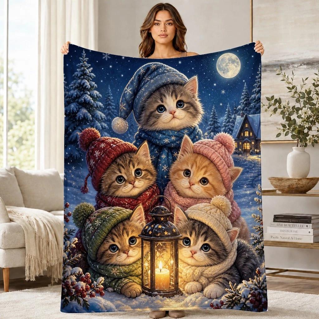 Winter Kittens Lantern Coral Fleece Blanket Cozy Cat Decor